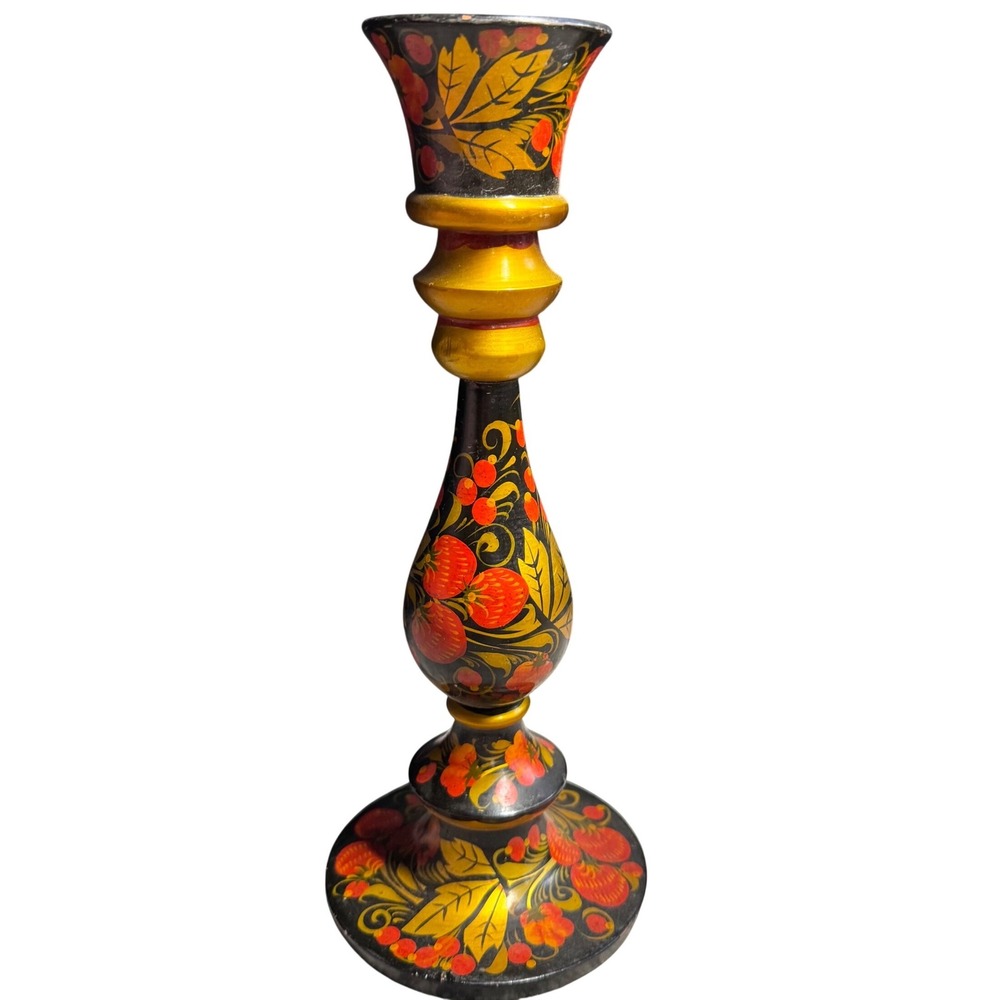 Vintage Russian Khokhloma Wood Candlestick Holder Hand Painted Floral Black Gold